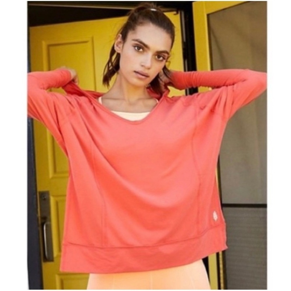 FP Movement Free People Hoodie Top‎ Women's Long Sleeve V Neck Atomic Orange